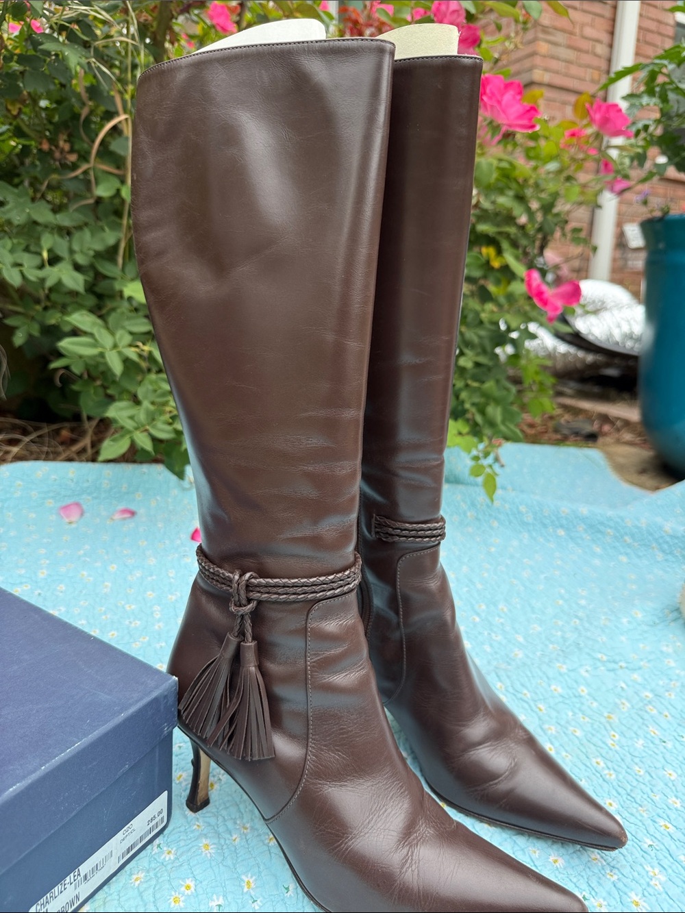 Faconnable Dark Brown Tall Pointed-Toe Leather Knee Boots with Tassel - Picture 3 of 11